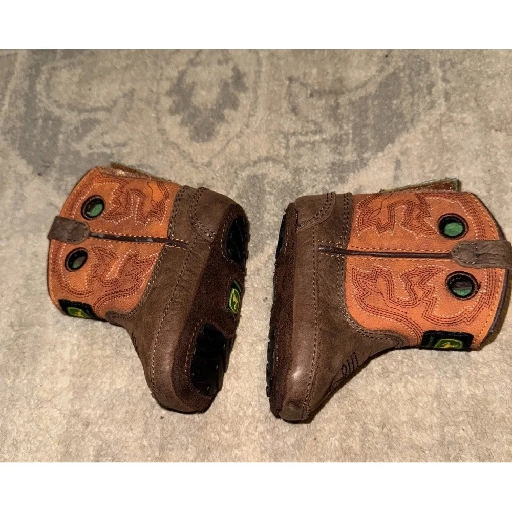 John Deere Johnny Popper Crib Boots Baby Sz 3M 3‎ Brown Leather Boys
